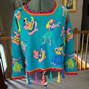 RARE Michael Simon L XL Dancing Hawaiian embroidered Women Sweater mothers day